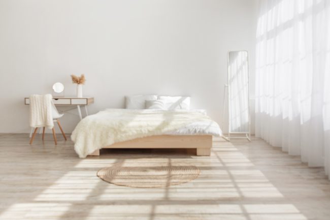 Simple boho home design, fashionable bedroom, sun flare